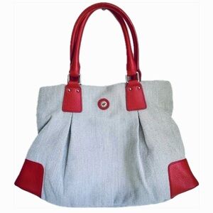 Hunting World Canvas W/ Leather Trim Structured Top Handle Tote Handbag Gray Red